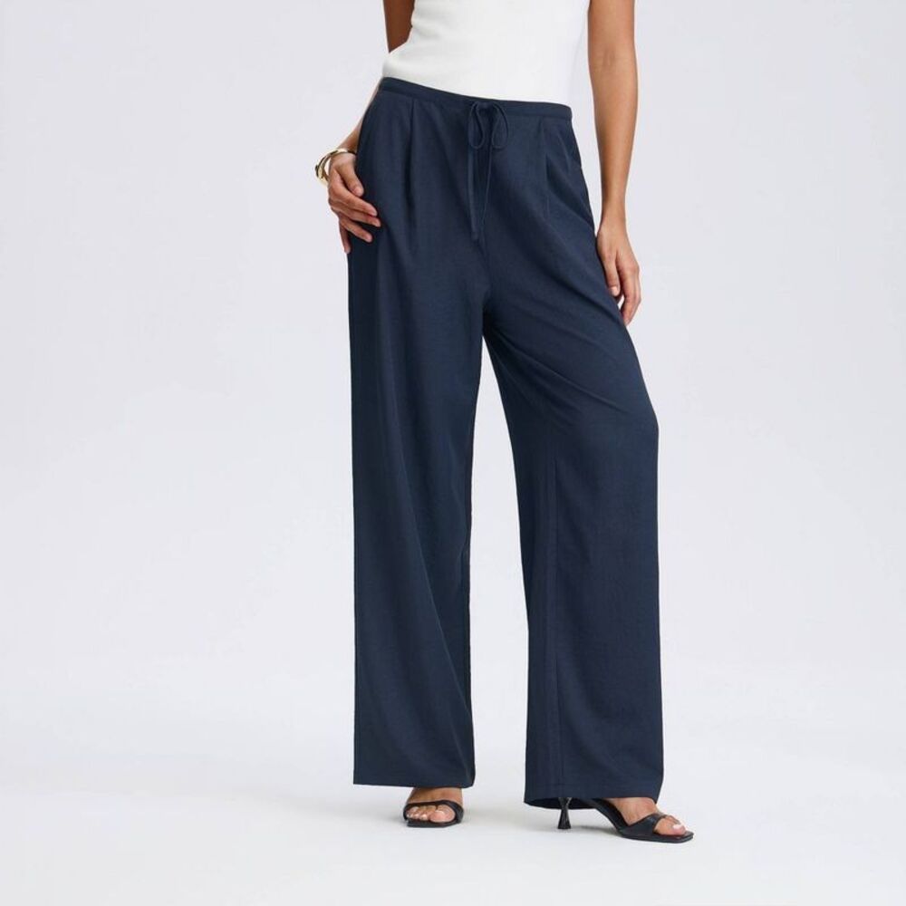 Women's Mid-Rise Drawstring Waist Tailored Straight Leg Trousers - Navy Blue XL